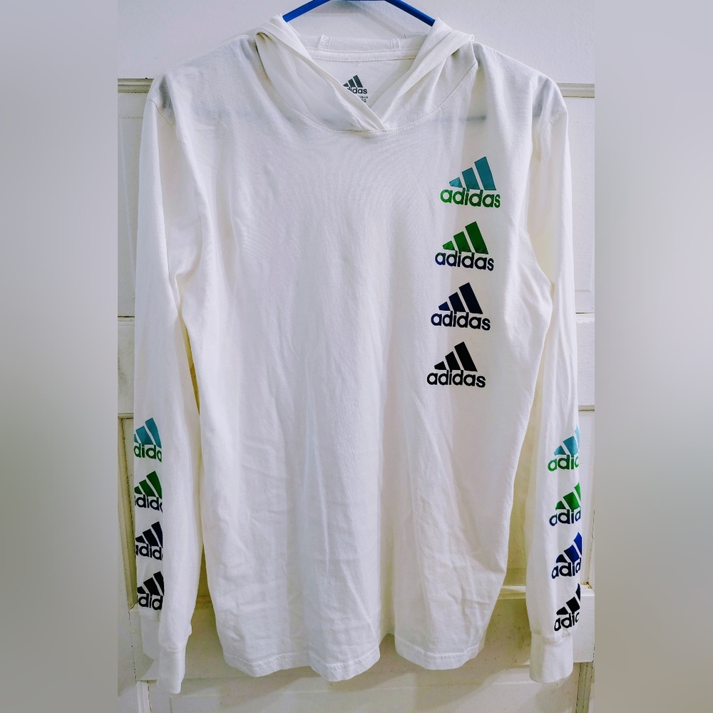 adidas White Long Sleeve Hooded Tee with Teal, Green and Navy Logos